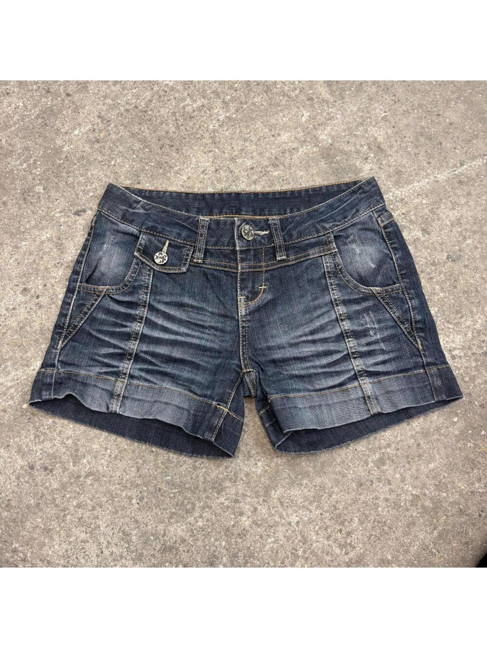 Vintage Y2K Low Rise Denim Micro Shorts Dark Wash Faded